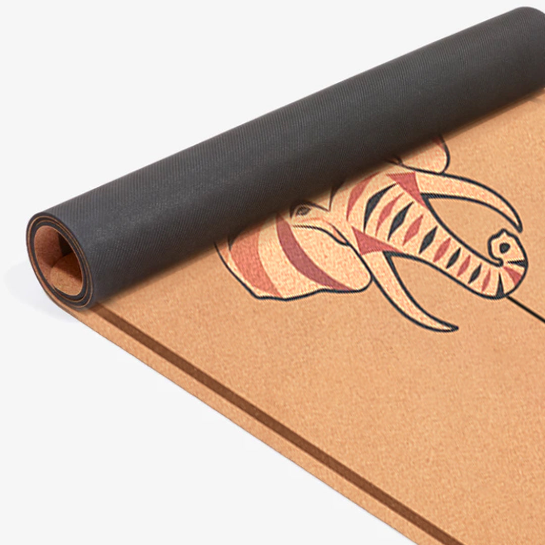 Sustainable Cork Yoga mat with a elephant design on a white background