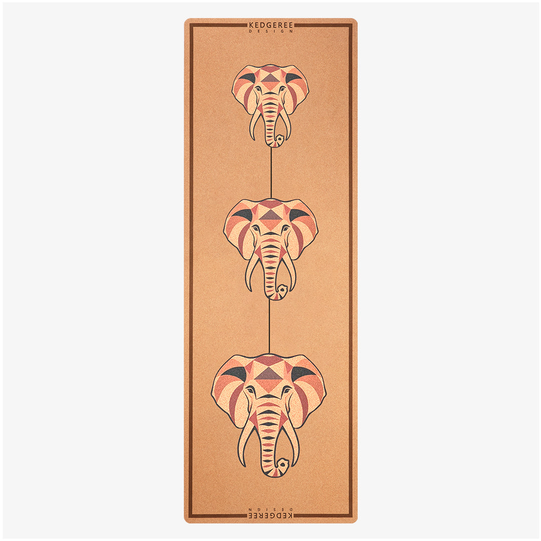 Natural Cork Yoga mat with decorative elephant design on a white background