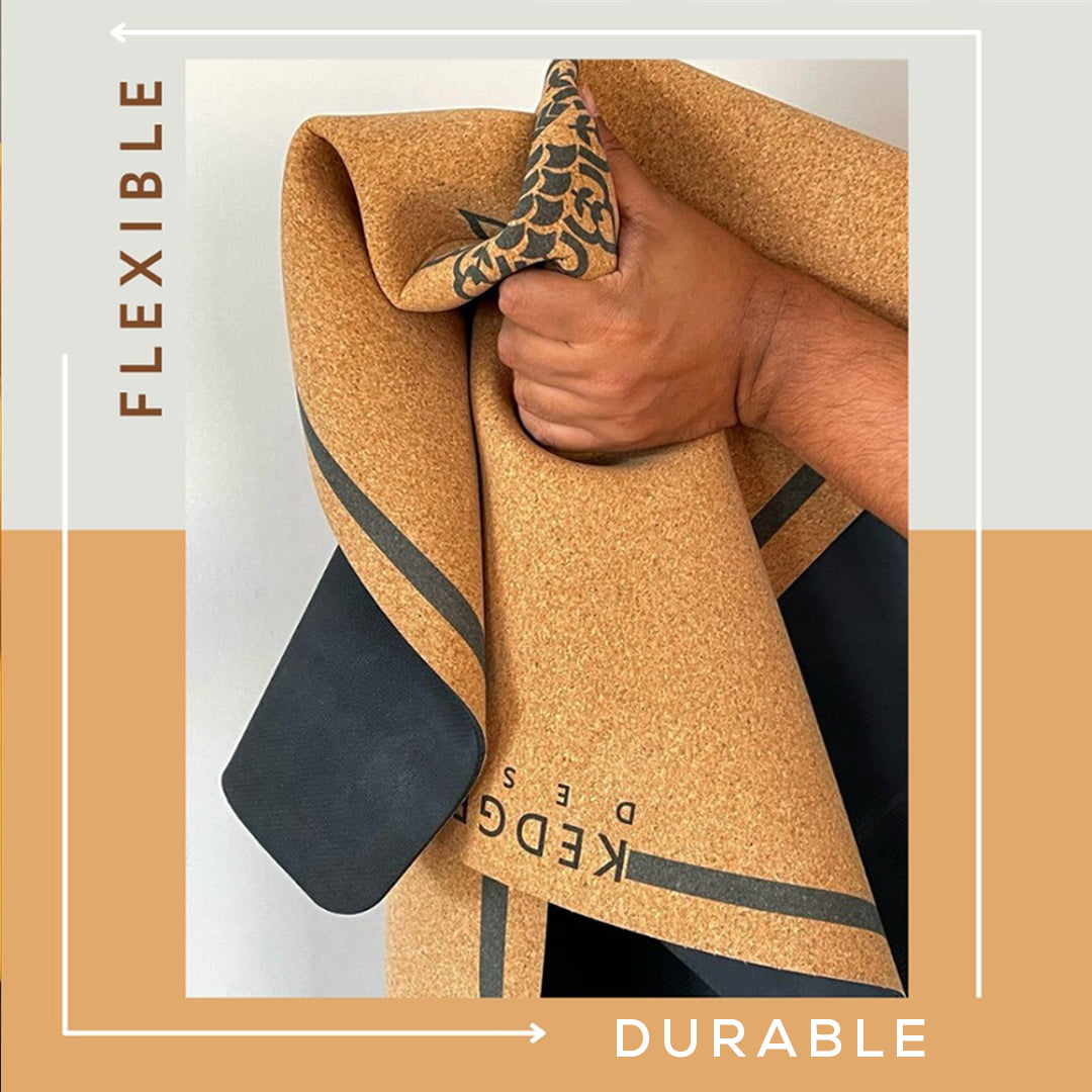 Flexible and durable cork yoga mat shown folded – eco-conscious design with strong grip and long-lasting quality.