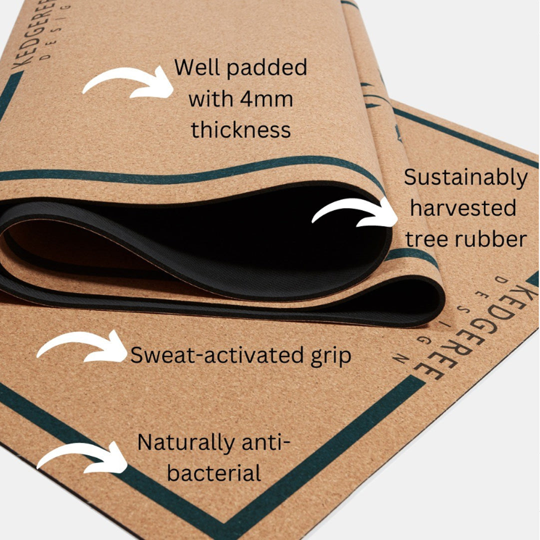 Yoga mat with text highlighting features such as well-padded, naturally anti-bacterial, sweat activated grip and sustainably harvested on a white background