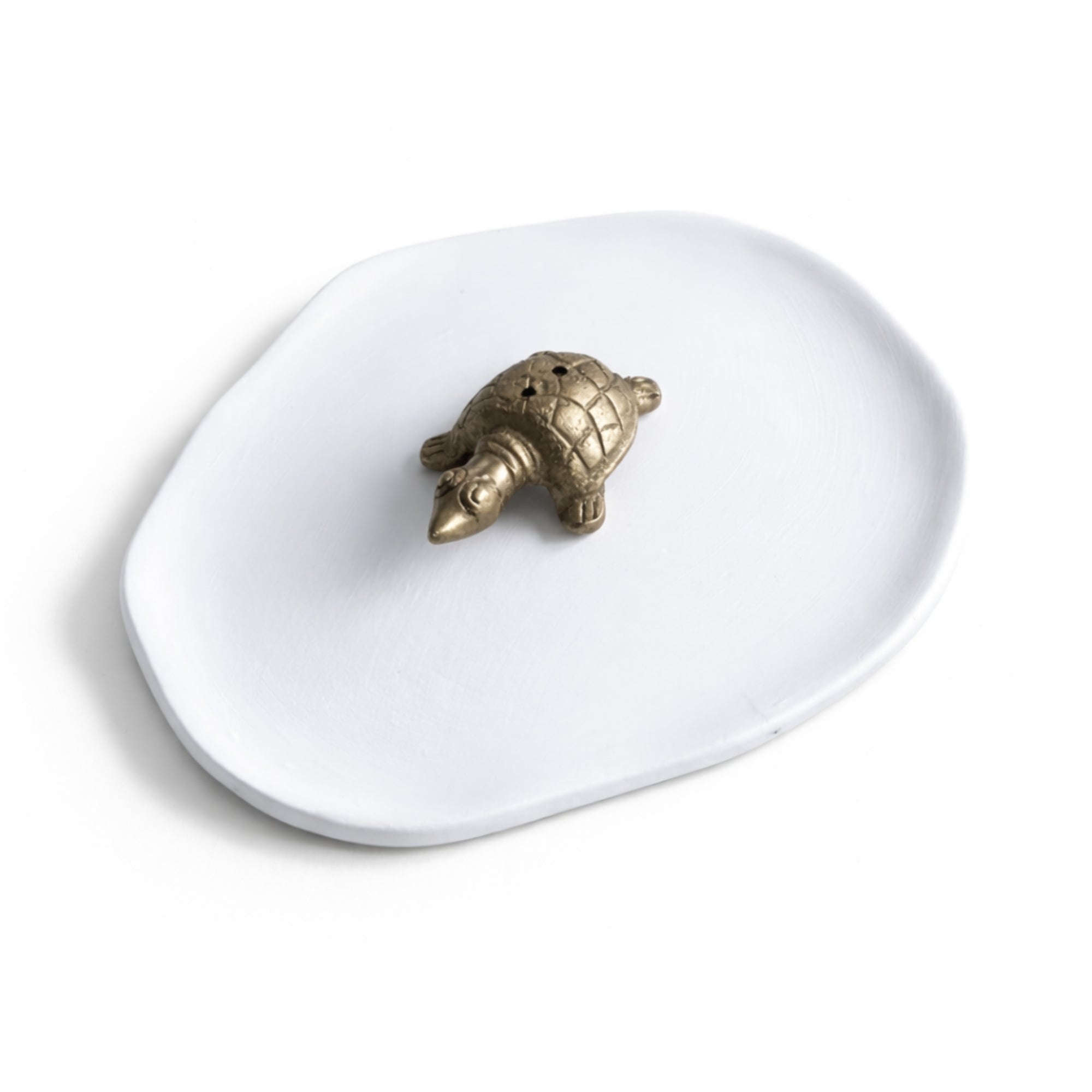 White ash catcher tray with a gold turtle-shaped incense holder on a white background