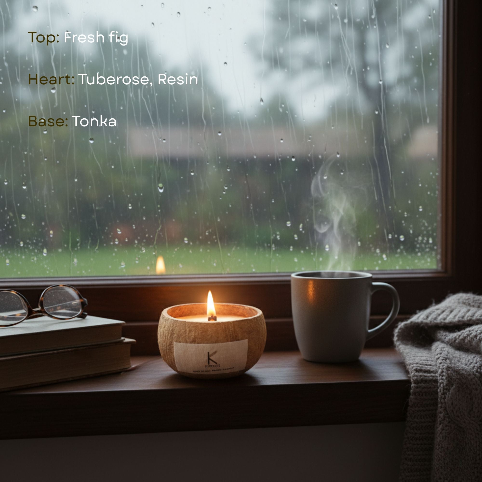 Coconut Shell Candle, mug, and books on a windowsill with rain outside