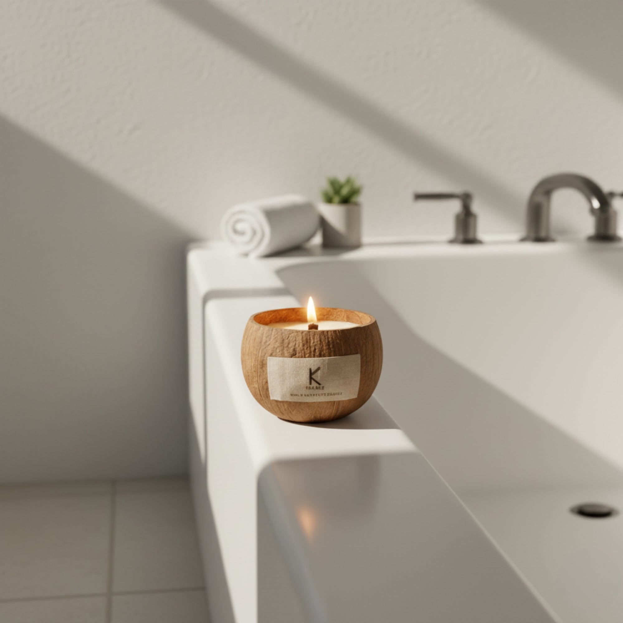Plant based coconut shell sandalwood scent candle lit on a bathroom counter with a blurred background