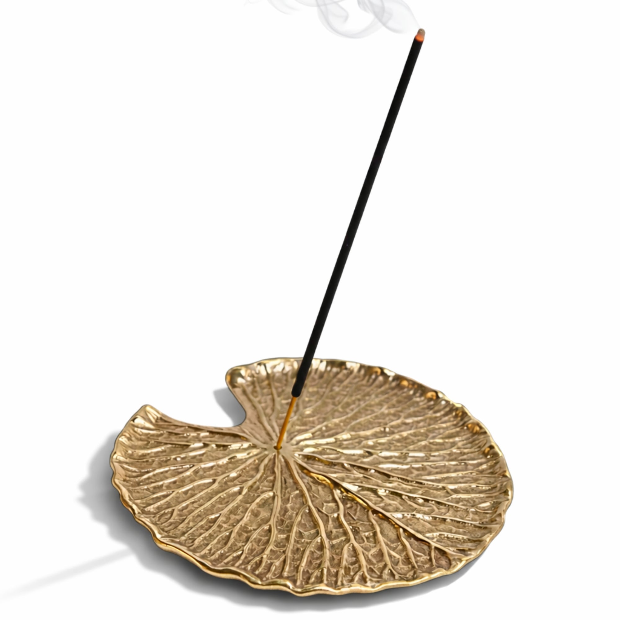 Handmade Gold leaf-shaped brass incense holder with a single incense stick hole on a white background