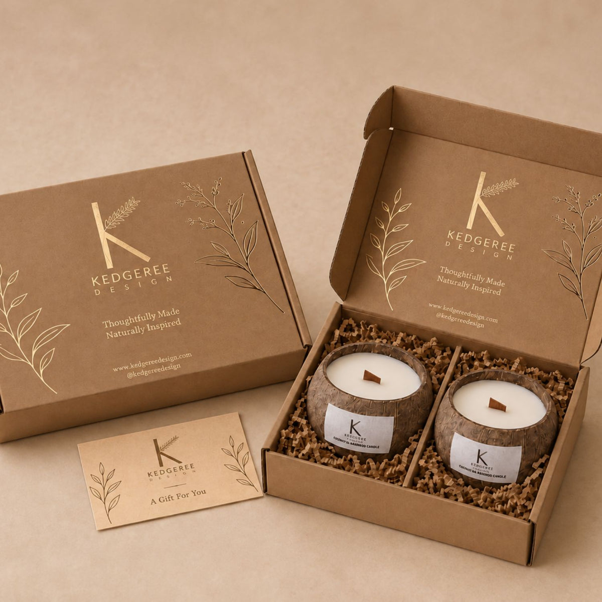 A set of Natural plant based coconut shell candles wrapped in a customised Kedgeree Design gift wrap luxury box
