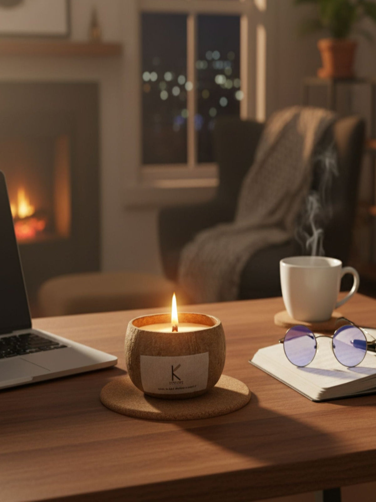 Cozy indoor setting with a laptop, Plant based coconut shell candle lit, mug, and glasses on a table.
