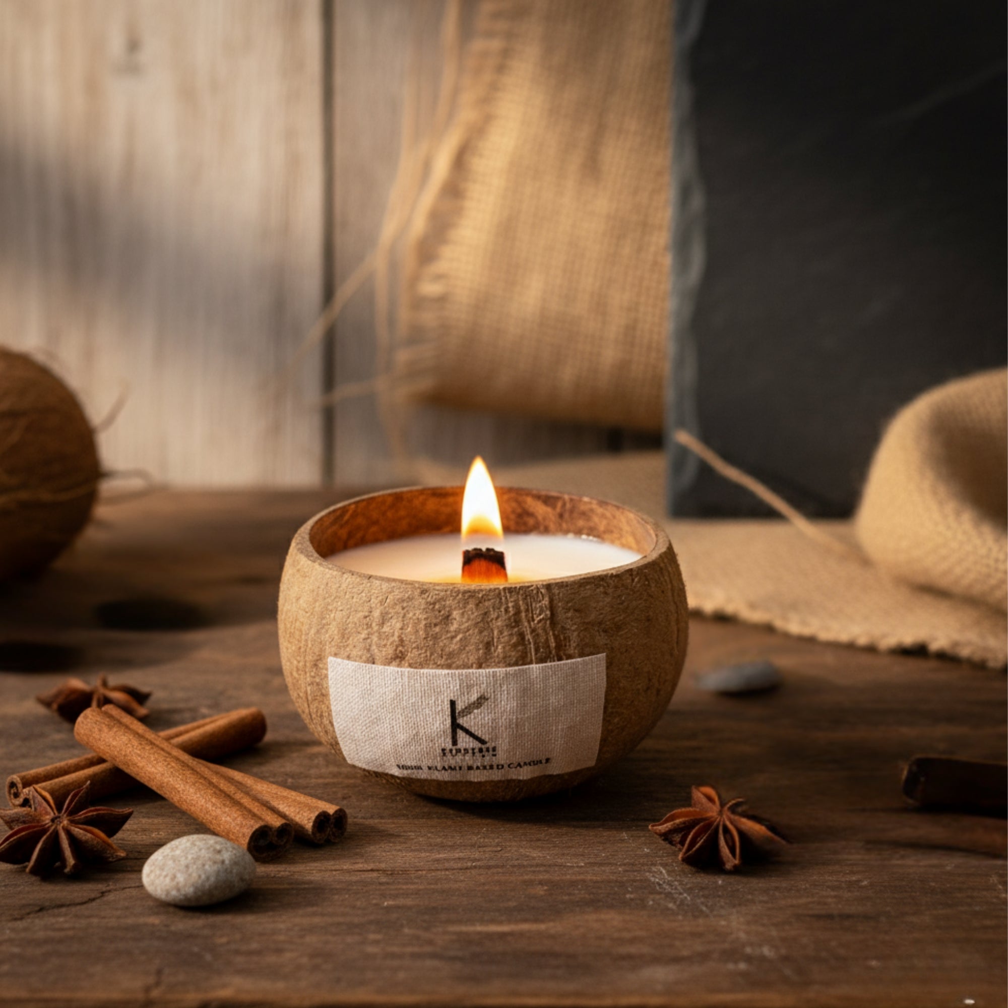 Kedgeree Plant based Coconut shell candle with a flame on a wooden surface with cinnamon sticks and star anise.