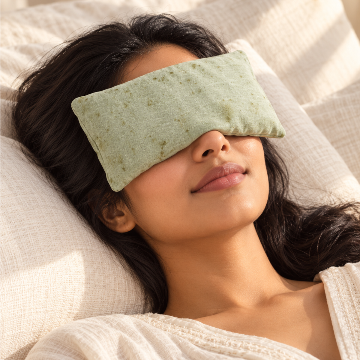 A woman lying down with her eyes covered by a light sage green eye mask or patch made of organic fabric.