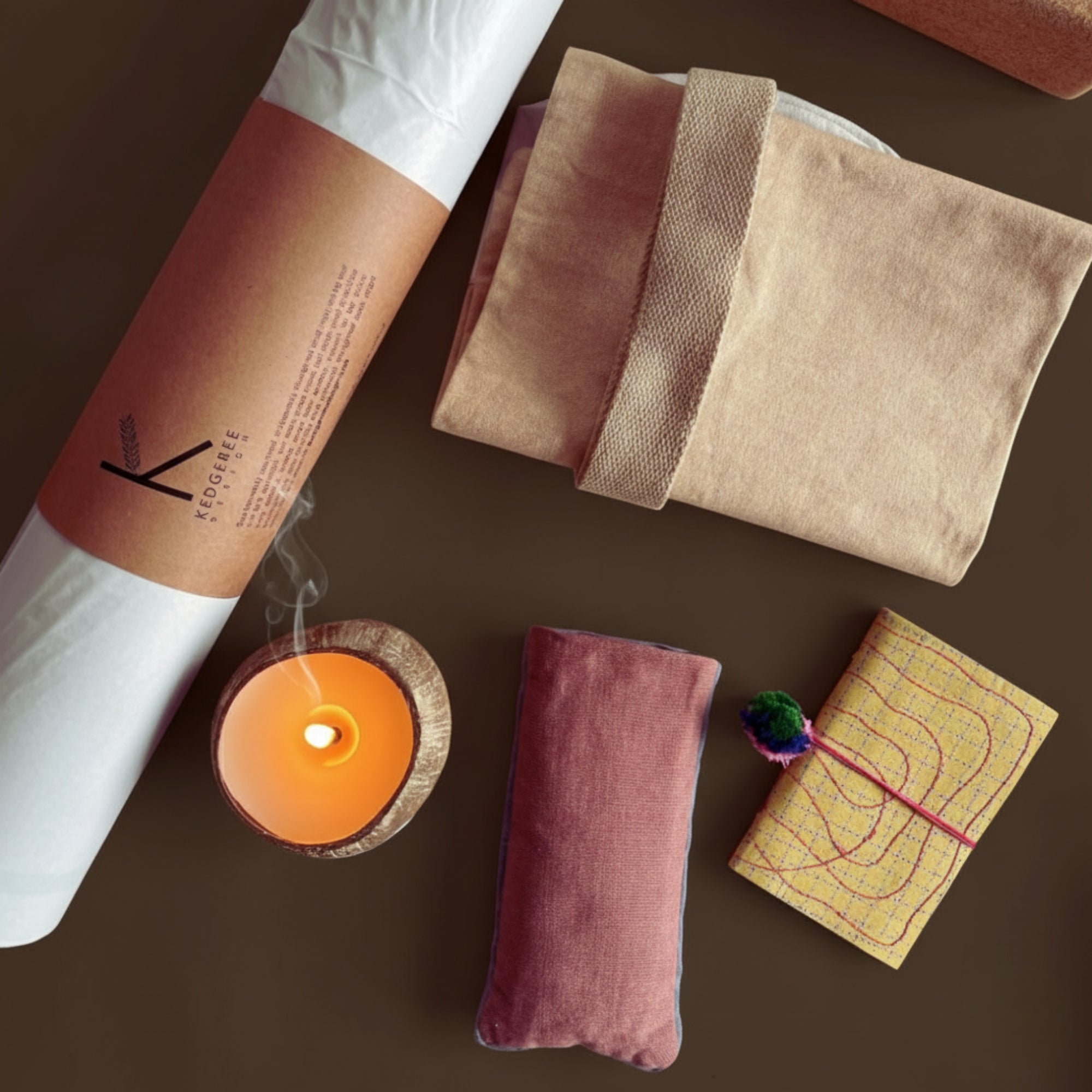 Travel Yogi Gift Set with 2mm cork yoga mat, canvas bag, journal, candle and eye pillow