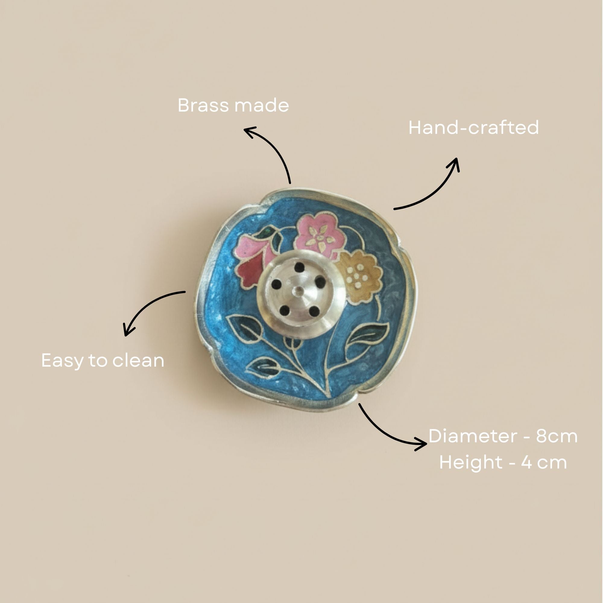 Hand-painted brass incense holder with hand-rolled natural incense sticks