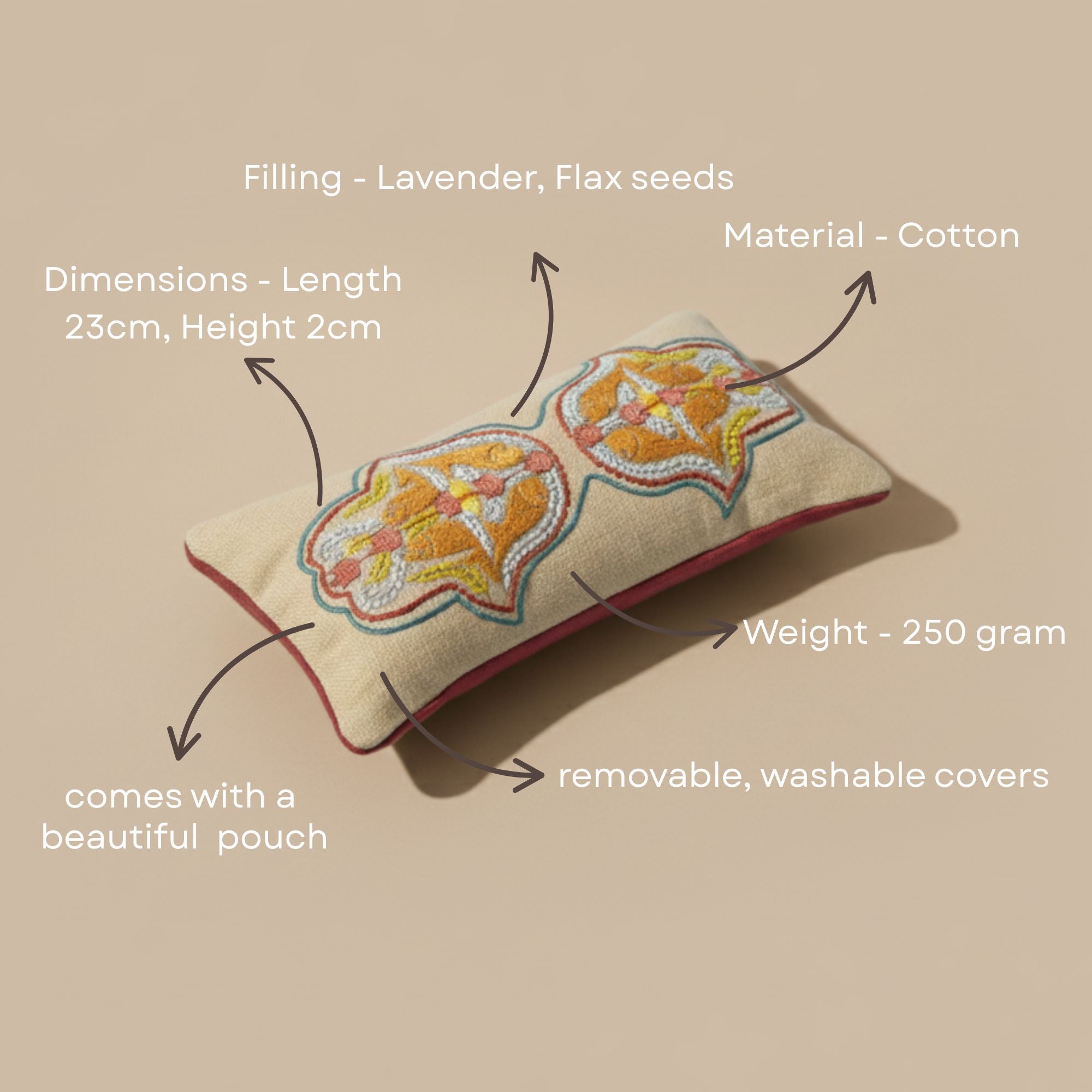 Decorative pillow with embroidered design on a beige background, showing details like filling, material, dimensions, weight, and cover features.