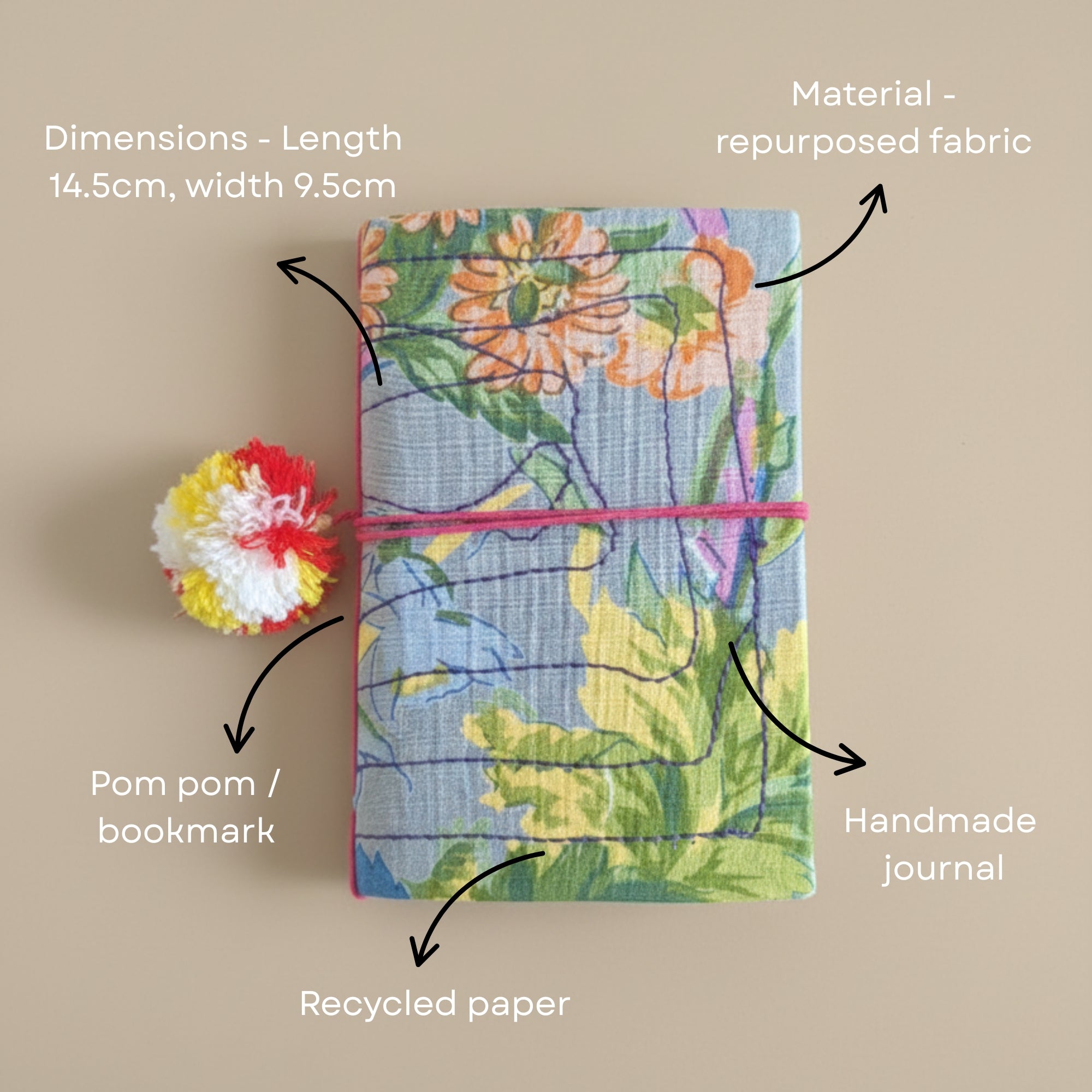 Handmade yoga meditation journal with recycled fabric cover