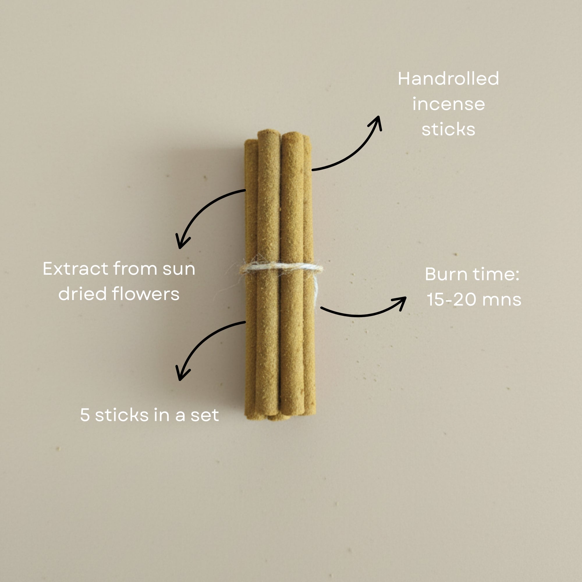 Handrolled incense sticks tied together with text on a beige background
