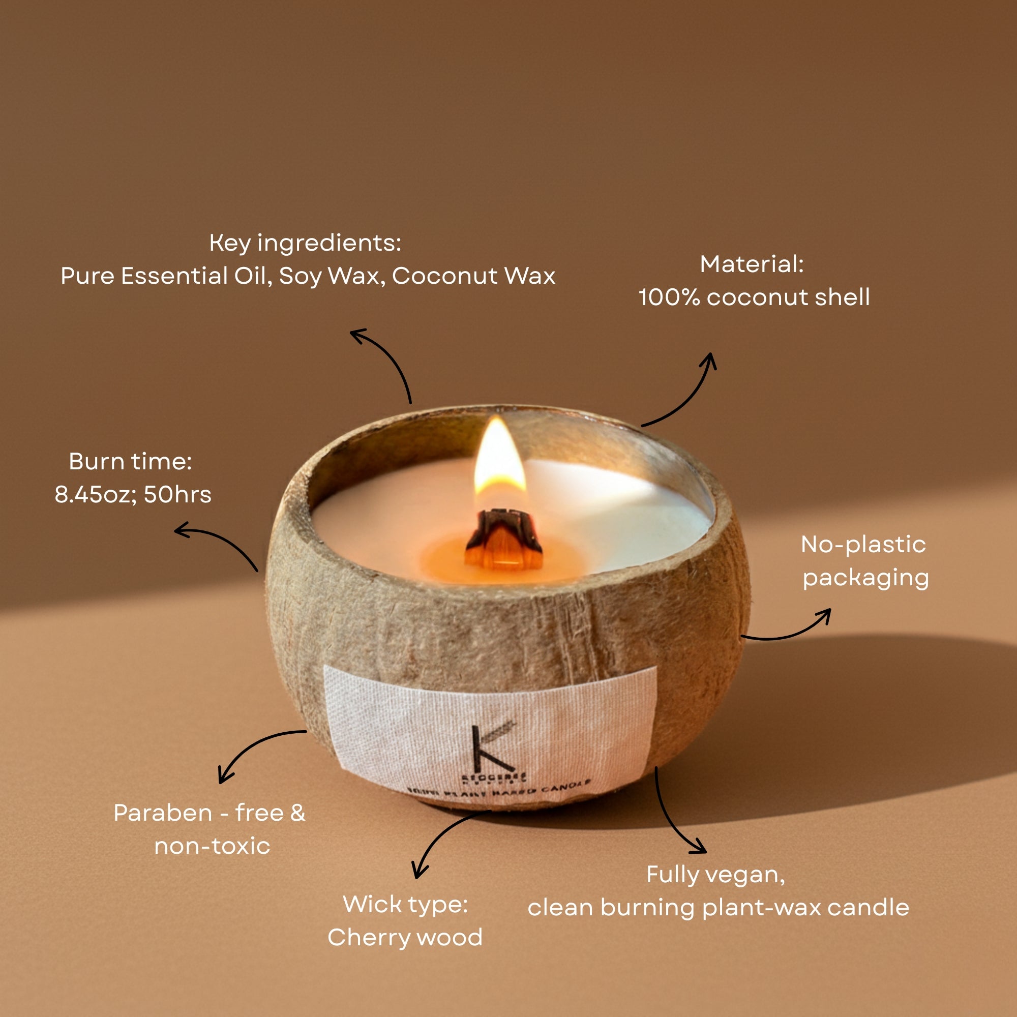Plant based natural candle in a coconut shell with features highlighted on a brown background