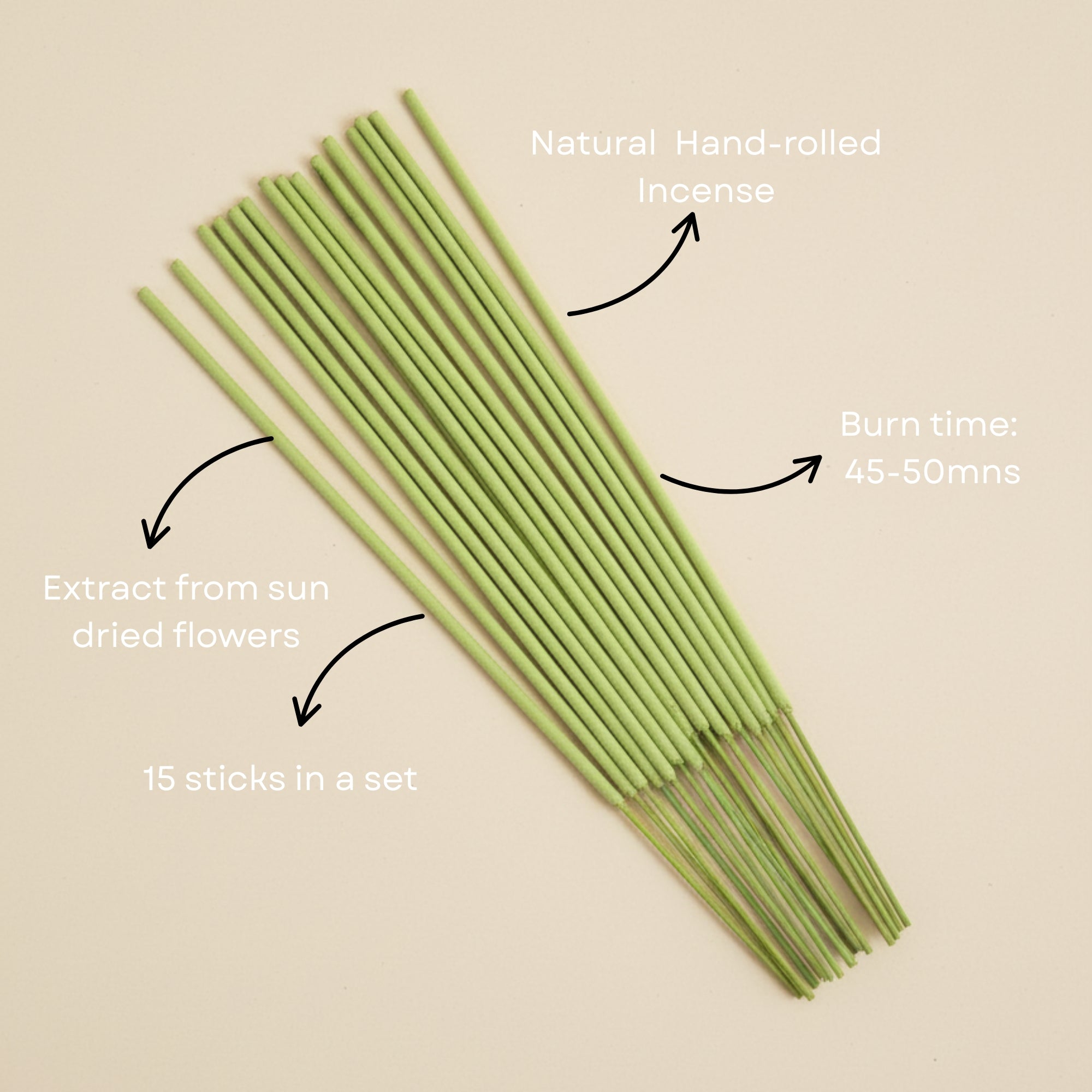 Hand-rolled natural incense sticks with text on a beige background