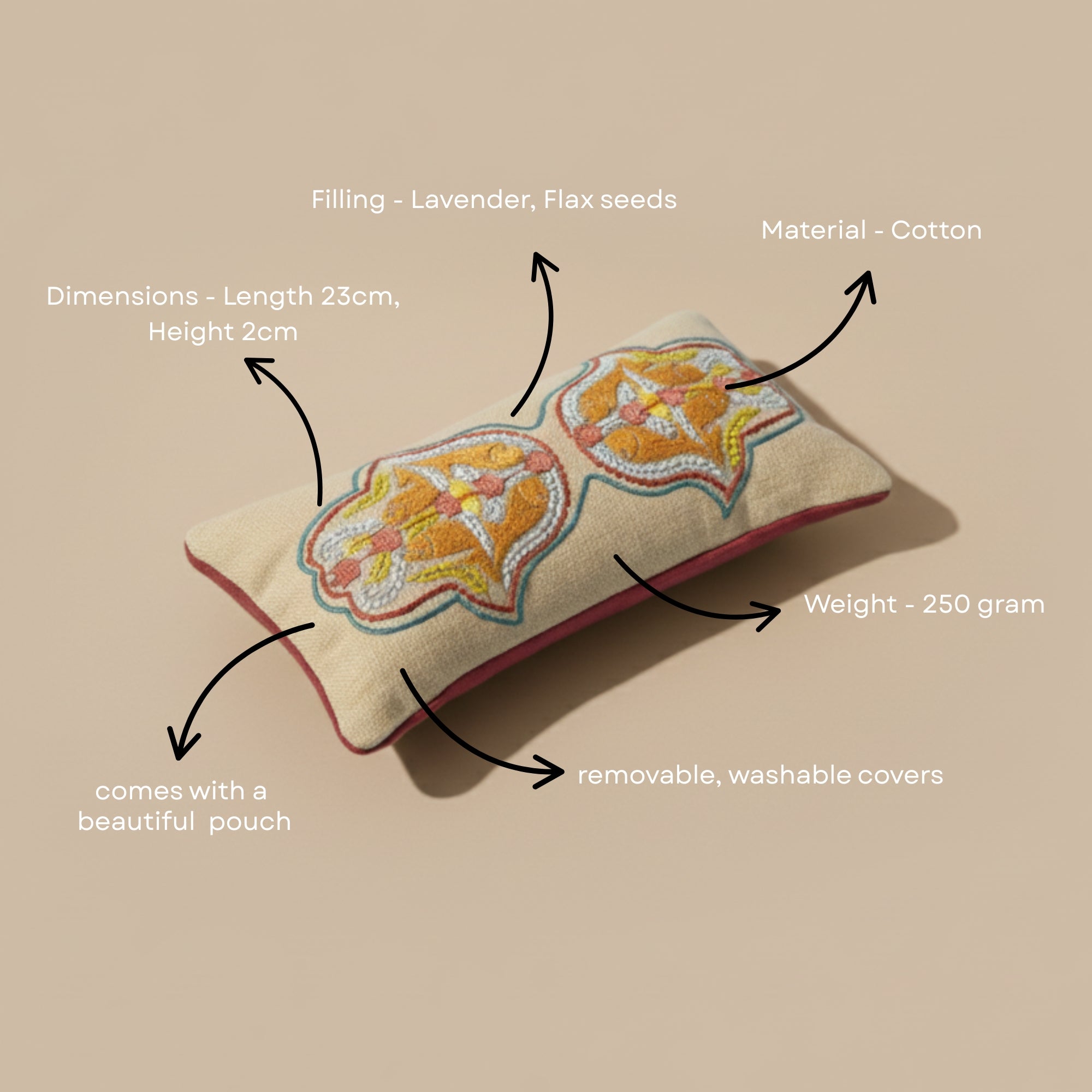Lavender eye pillow for yoga and meditation with cotton cover and pouch.