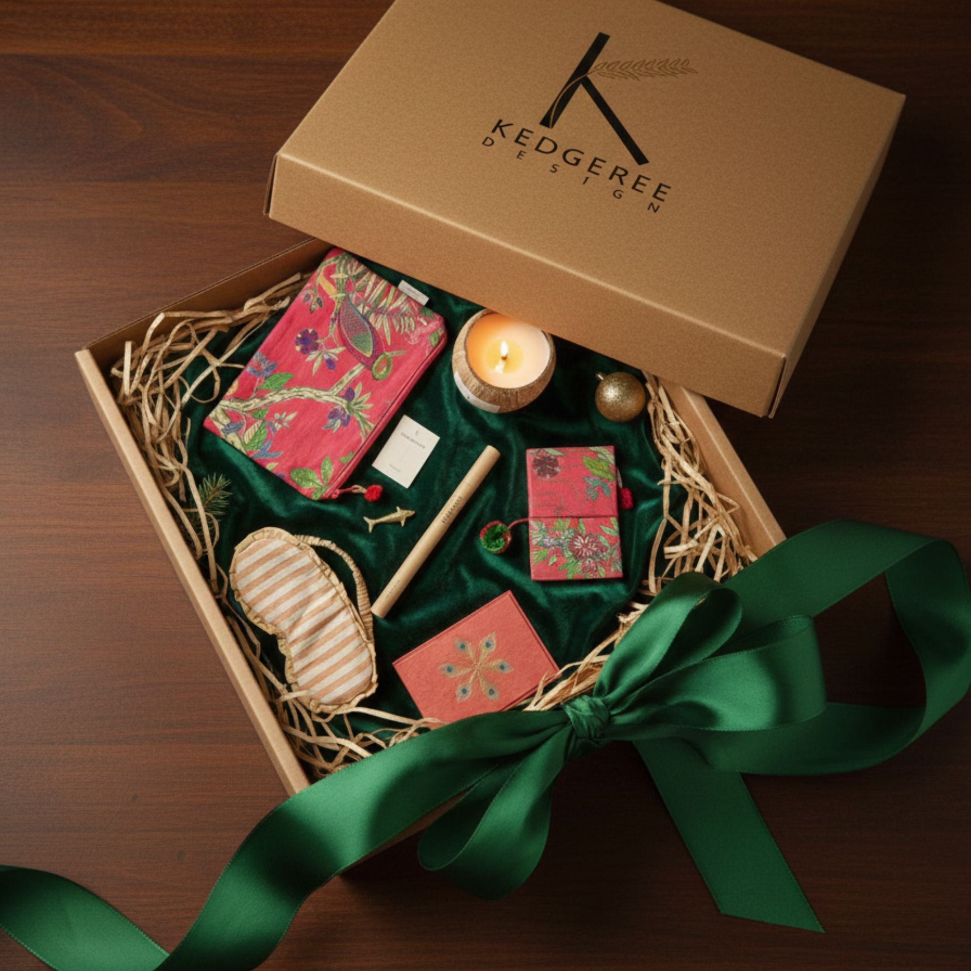 Christmass Gift box includes plant based coconut candle, journal, travel carry pouch, eye mask, incense sticks and an incense holder