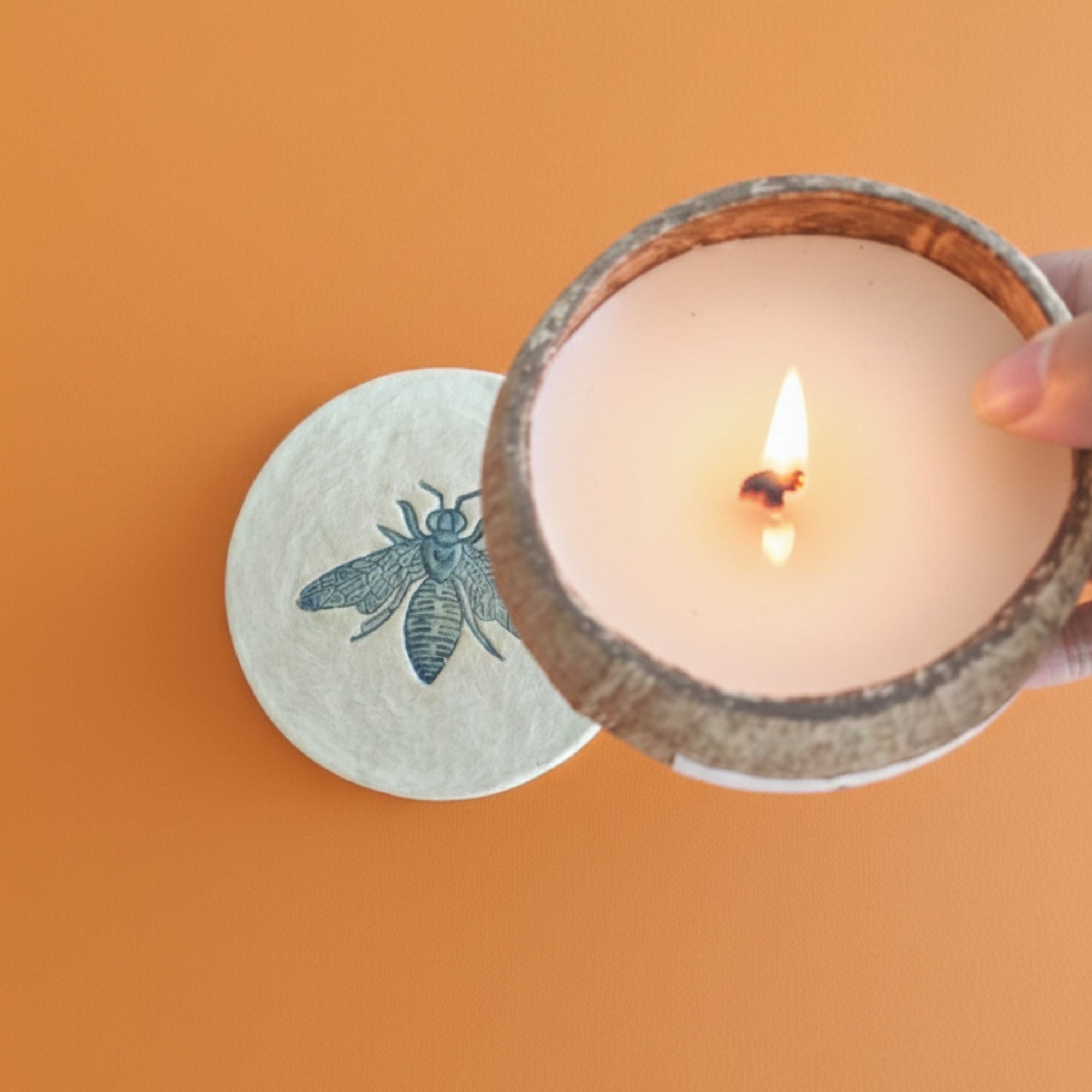 Hand-poured coconut shell candle with cherry wood wick in keepsake Mother’s Day gift box