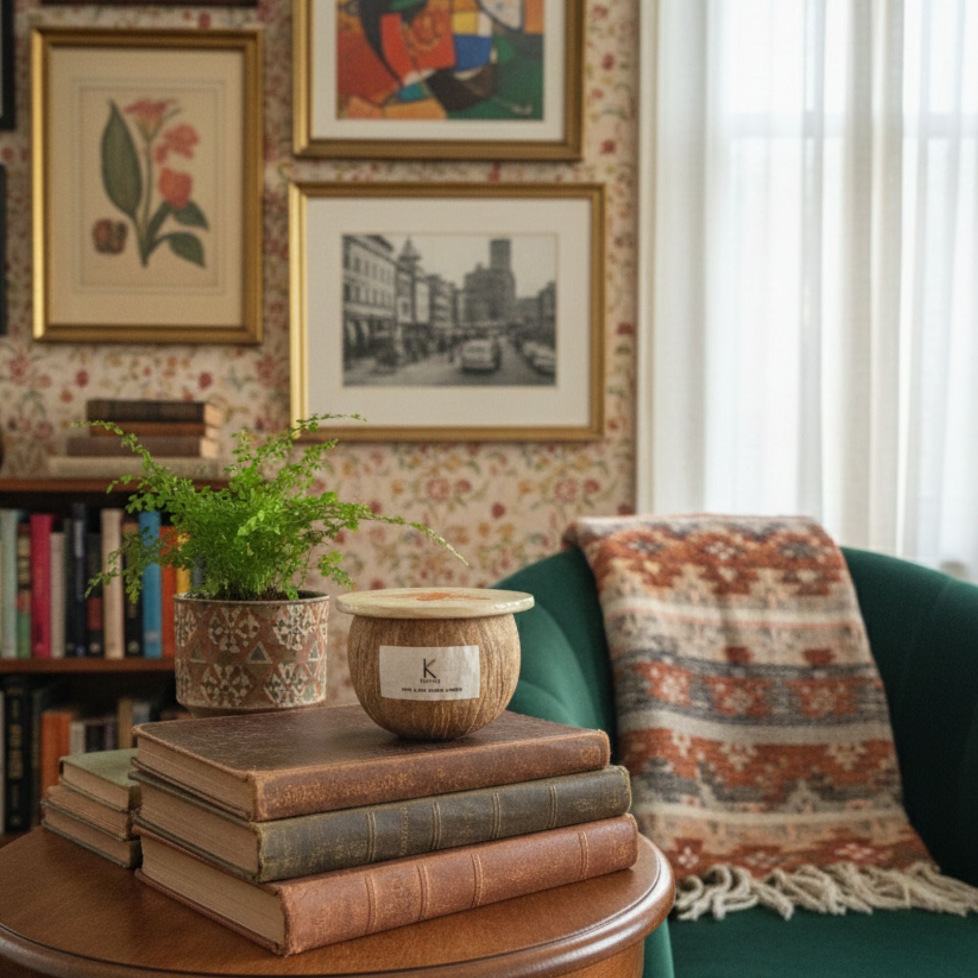 Eco-friendly Mother’s Day gift set with vegan coconut wax candle and artisan coasters/ lid