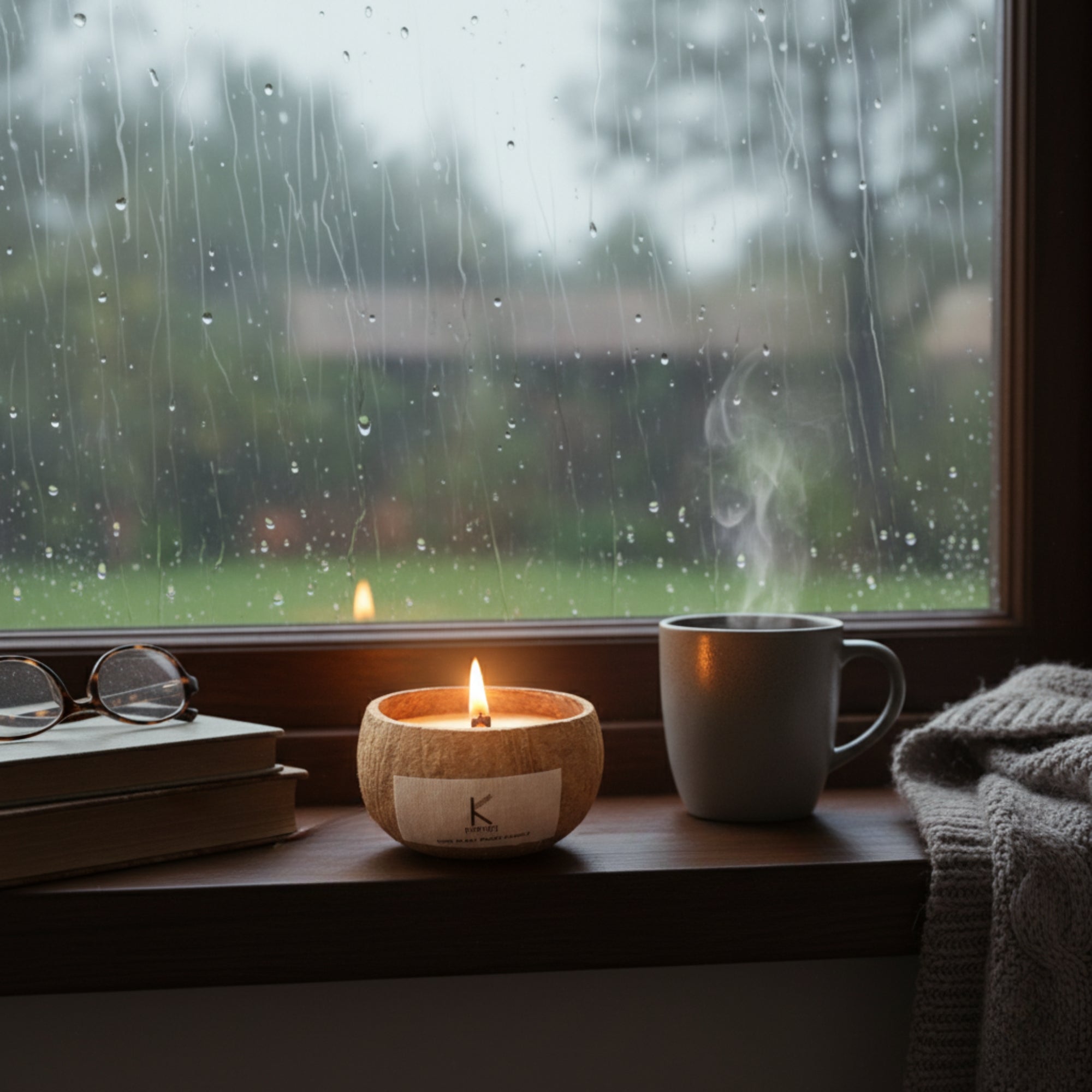 Kedgeree Plant based coconut shell Candle, mug, books, and glasses on a windowsill with rain outside