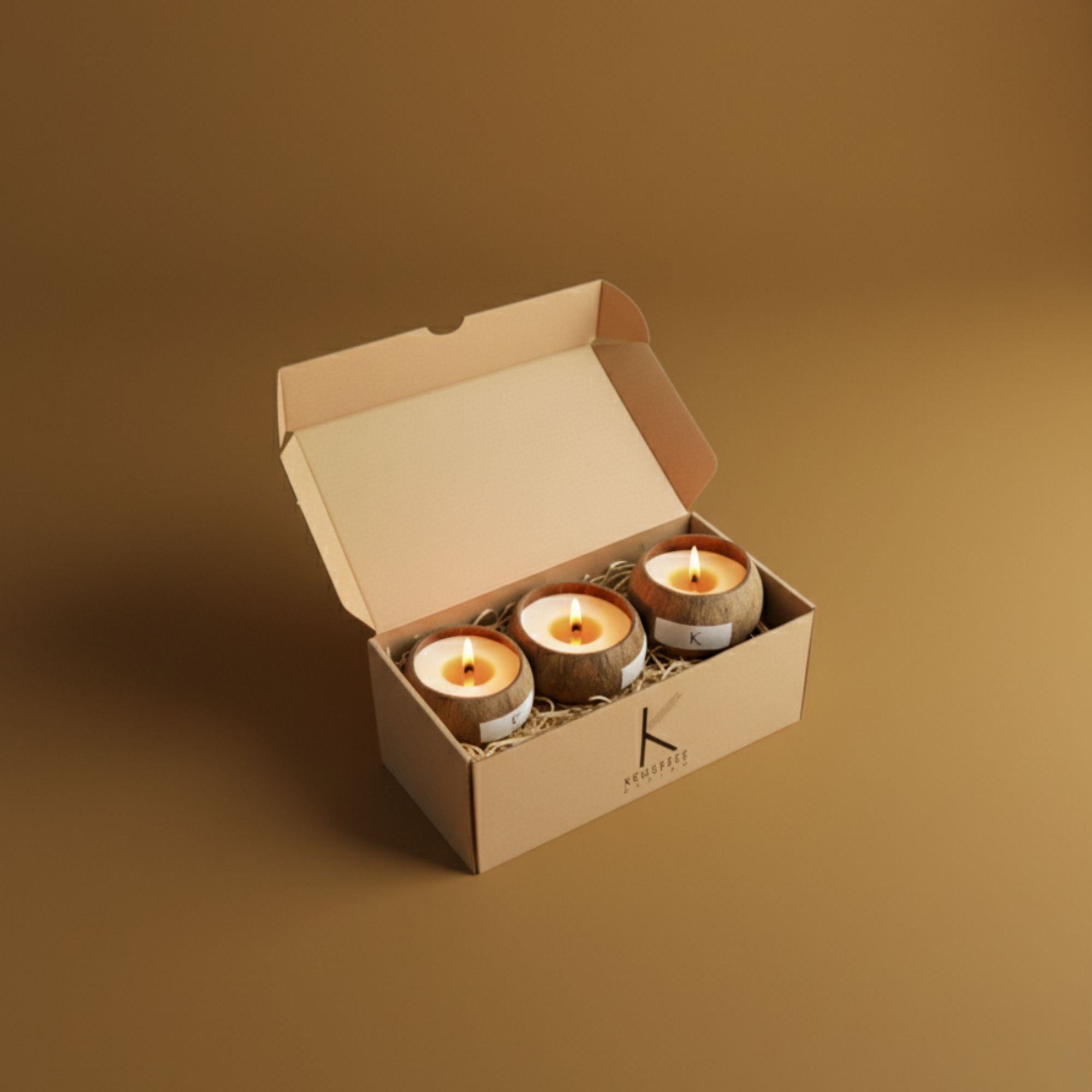 Three natural coconut candles in a eco-luxury gift box on a brown background