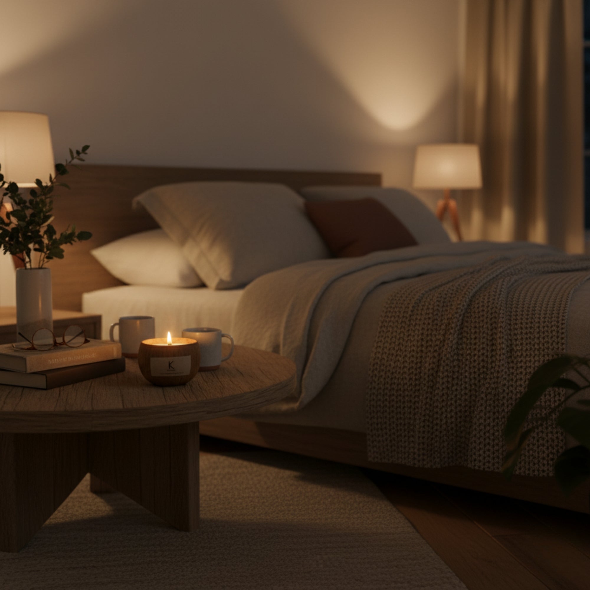 Vegan soy & coconut wax candle — cinnamon rosemary frankincense. Cozy bedroom with a bed, nightstands, and a lit plant based coconut shell candle on a wooden table.