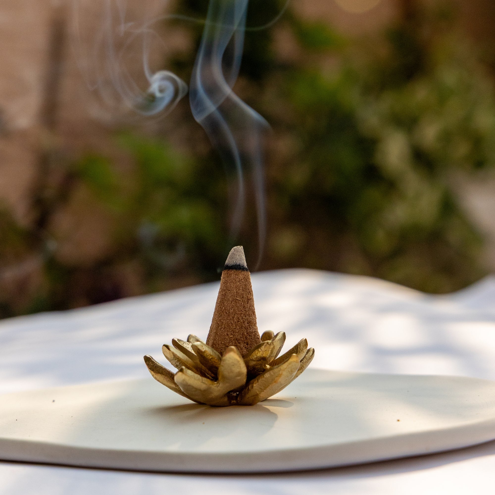 Incense cone burning on an incense holder with a blurred natural background