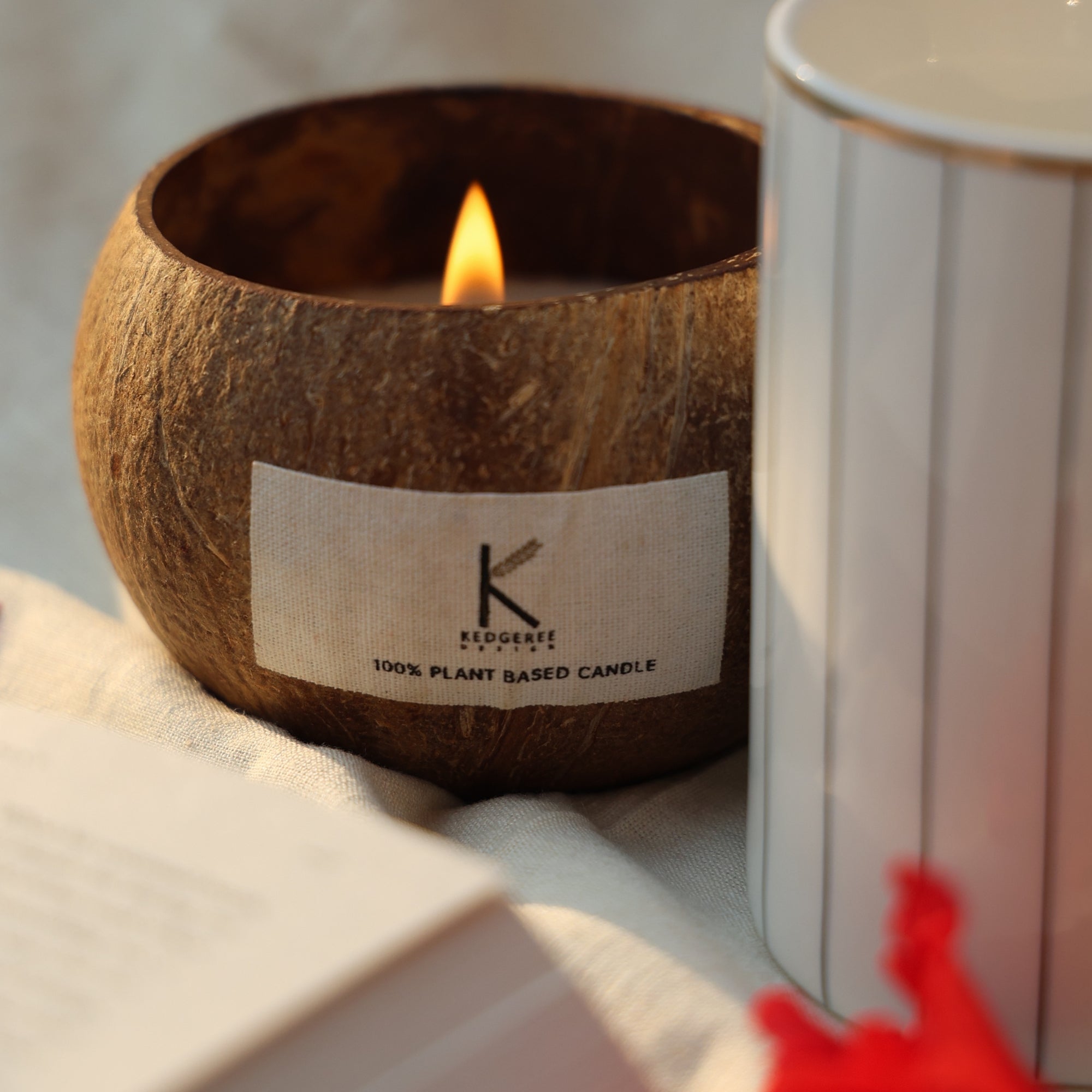 Plant based Candle in a coconut shell next to a white mug on a textured surface.