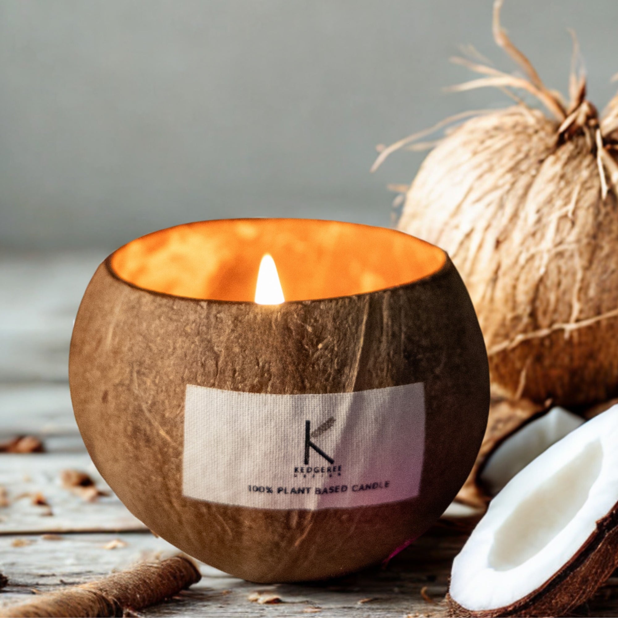 Plant Based Coconut shell candle with a lit wick, surrounded by coconuts on a wooden surface.