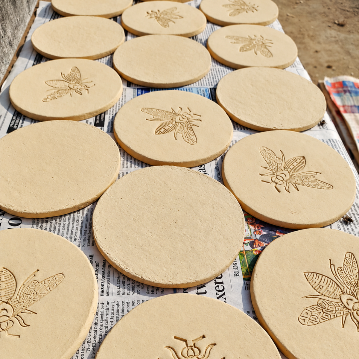 Round natural coasters with engraved bee designs, arranged on top of newspaper outdoors.