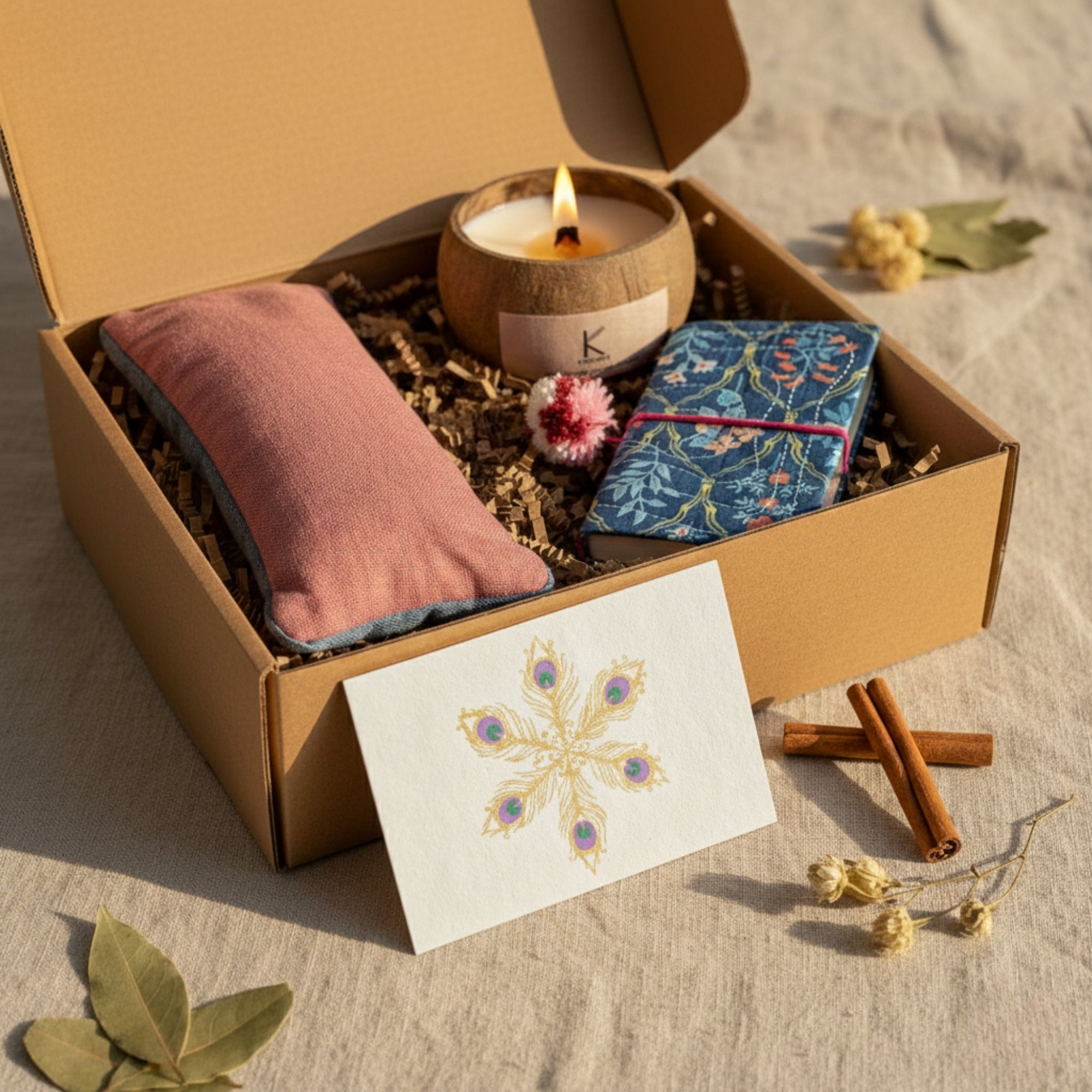 Wellness Gift box with a candle, blue eye pillow, self-care handmade journal and a personalised gift card to go inside the gift box.