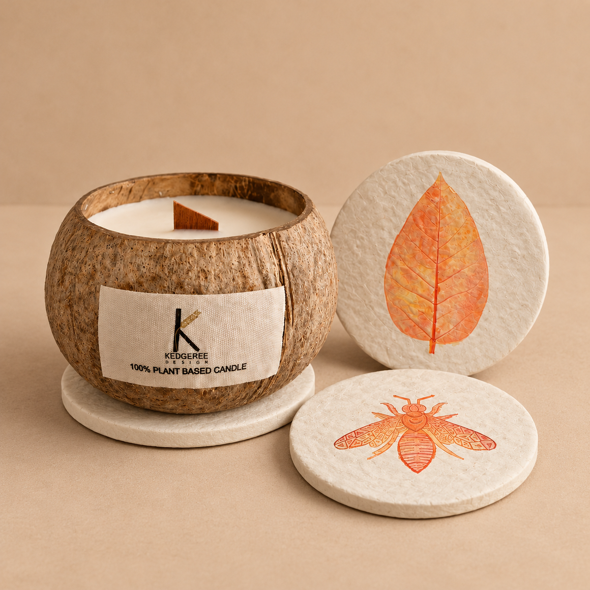 Coconut Shell Candle & Botanical Lid & Coaster Gift Set