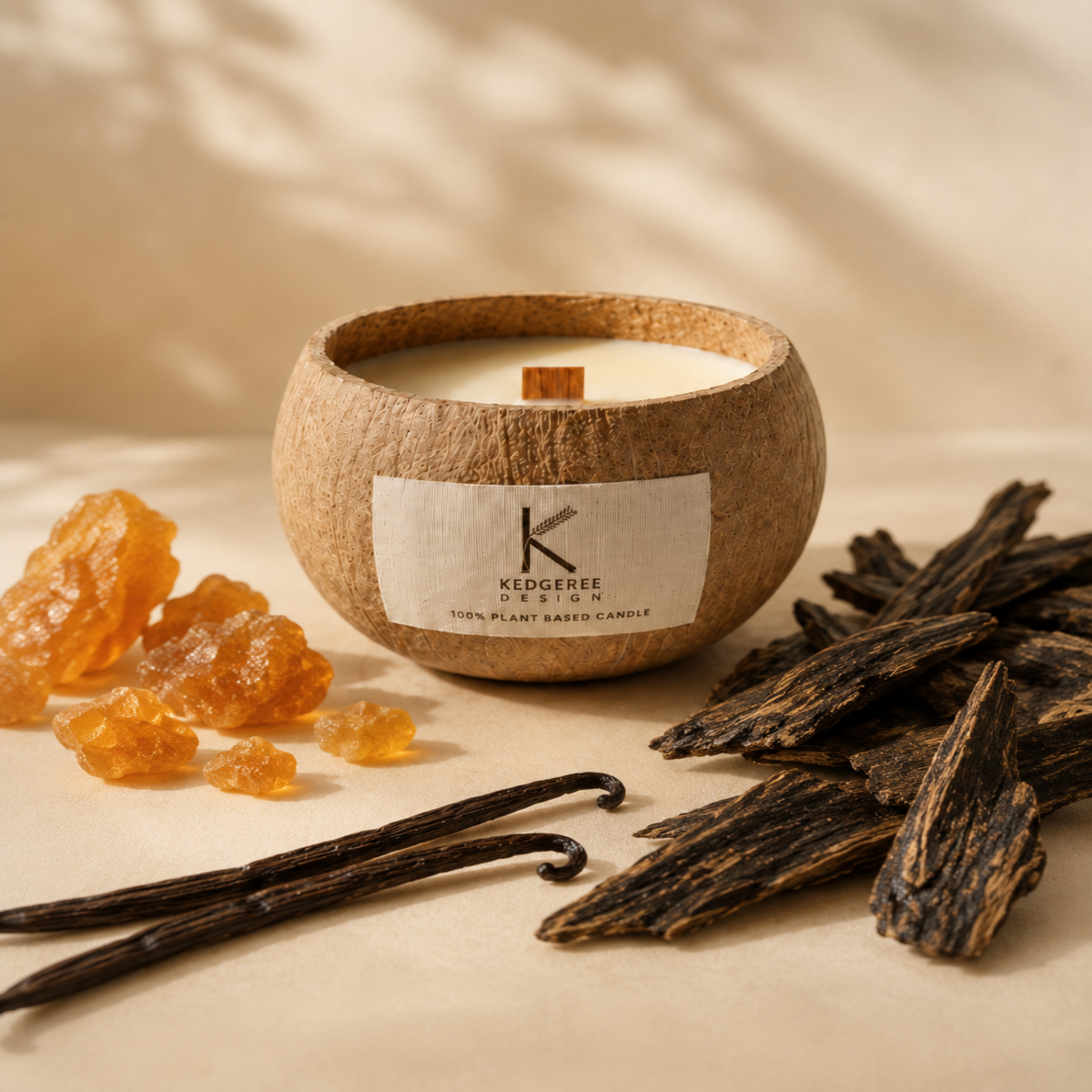 Coconut shell vegan candle with vanilla beans and vanilla pods on a beige background