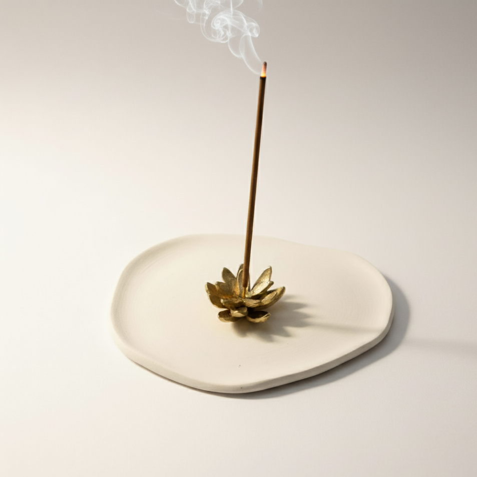 Kedgeree brass handmade Incense holder with a smoking incense stick on a light background