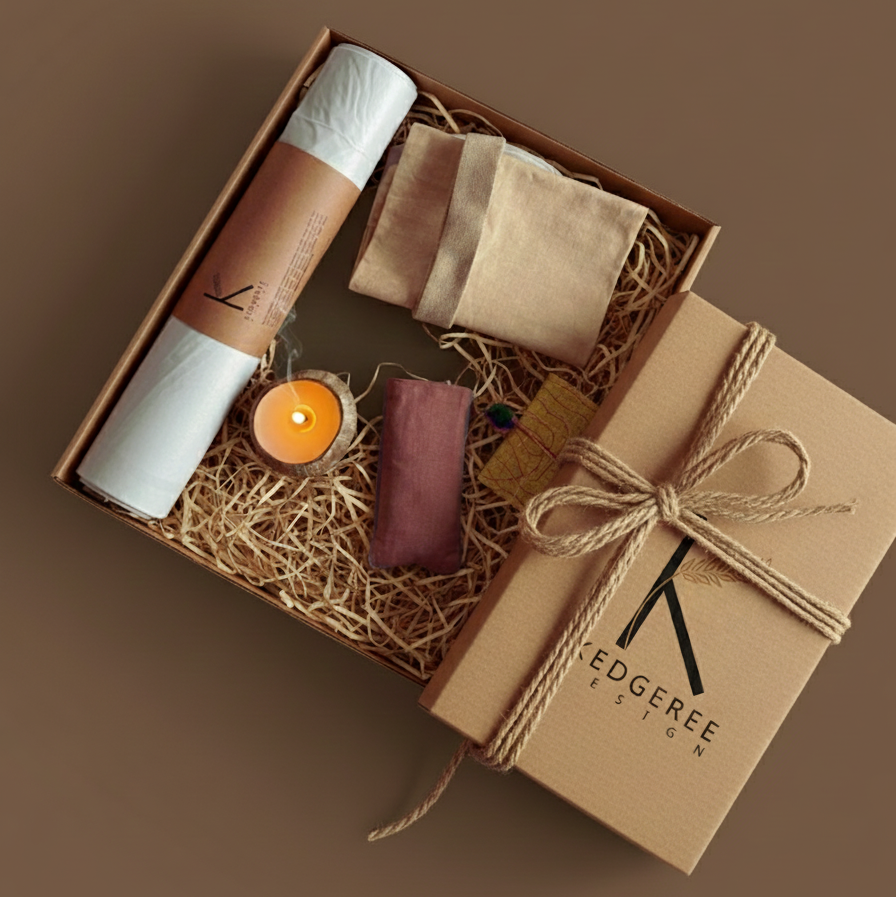 Yogi Gift set includes a yoga mat, candle, eye pillow, journal, yoga bag and a gift box on a brown background.
