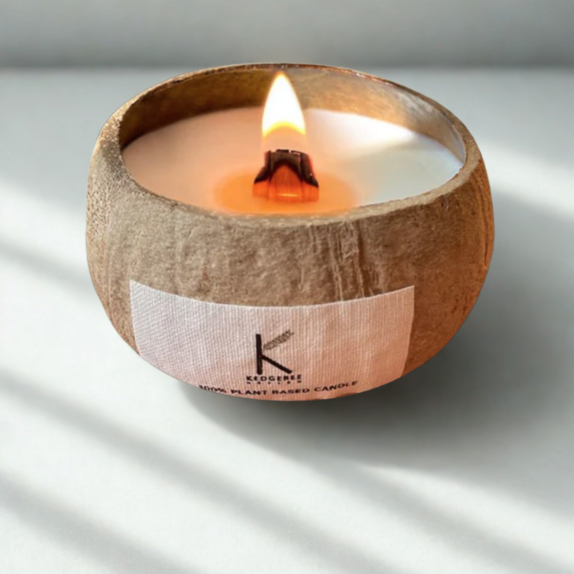 Plant based candle in a coconut shell with a visible brand label on a light background