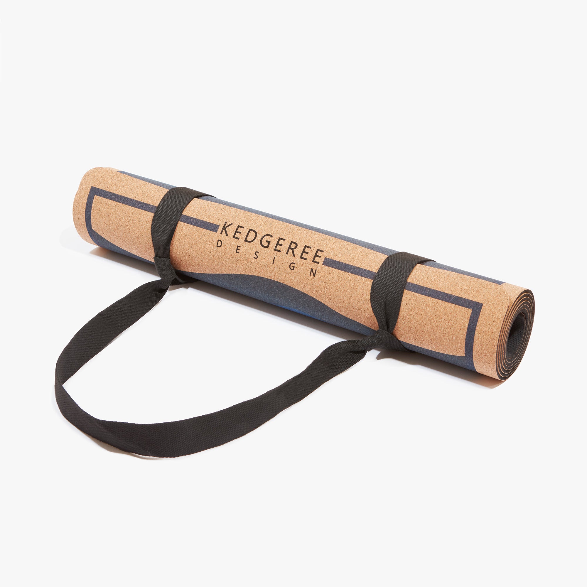 Cork yoga mat with dolphin and sunset design rolled up with carrying strap – lightweight, portable, and sustainable fitness accessory.