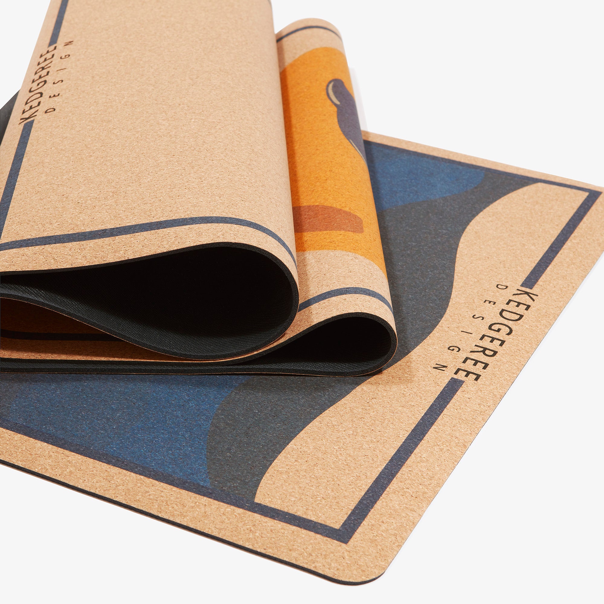 Cork Yoga Mat for Yoga Lovers Who Love Dolphins. Close-up of rolled cork yoga mat with dolphin and sunset design – durable, eco-conscious, and easy to carry for home or studio workouts.