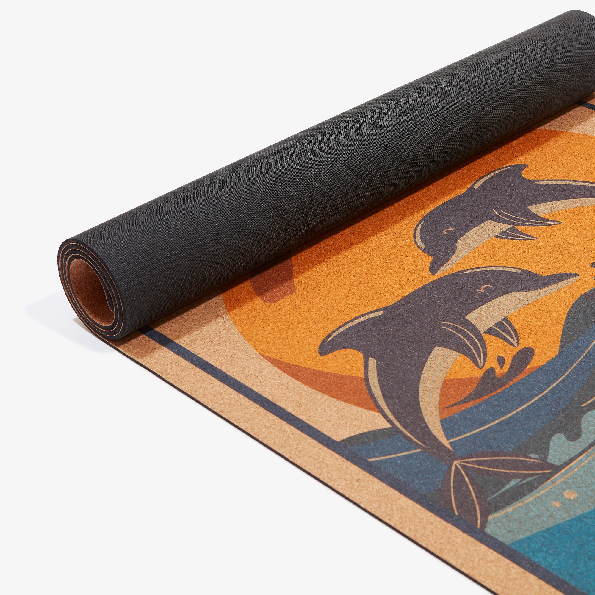 Detailed view of eco cork yoga mat with dolphin print and anti-slip black backing – perfect for yoga, Pilates, and fitness sessions
