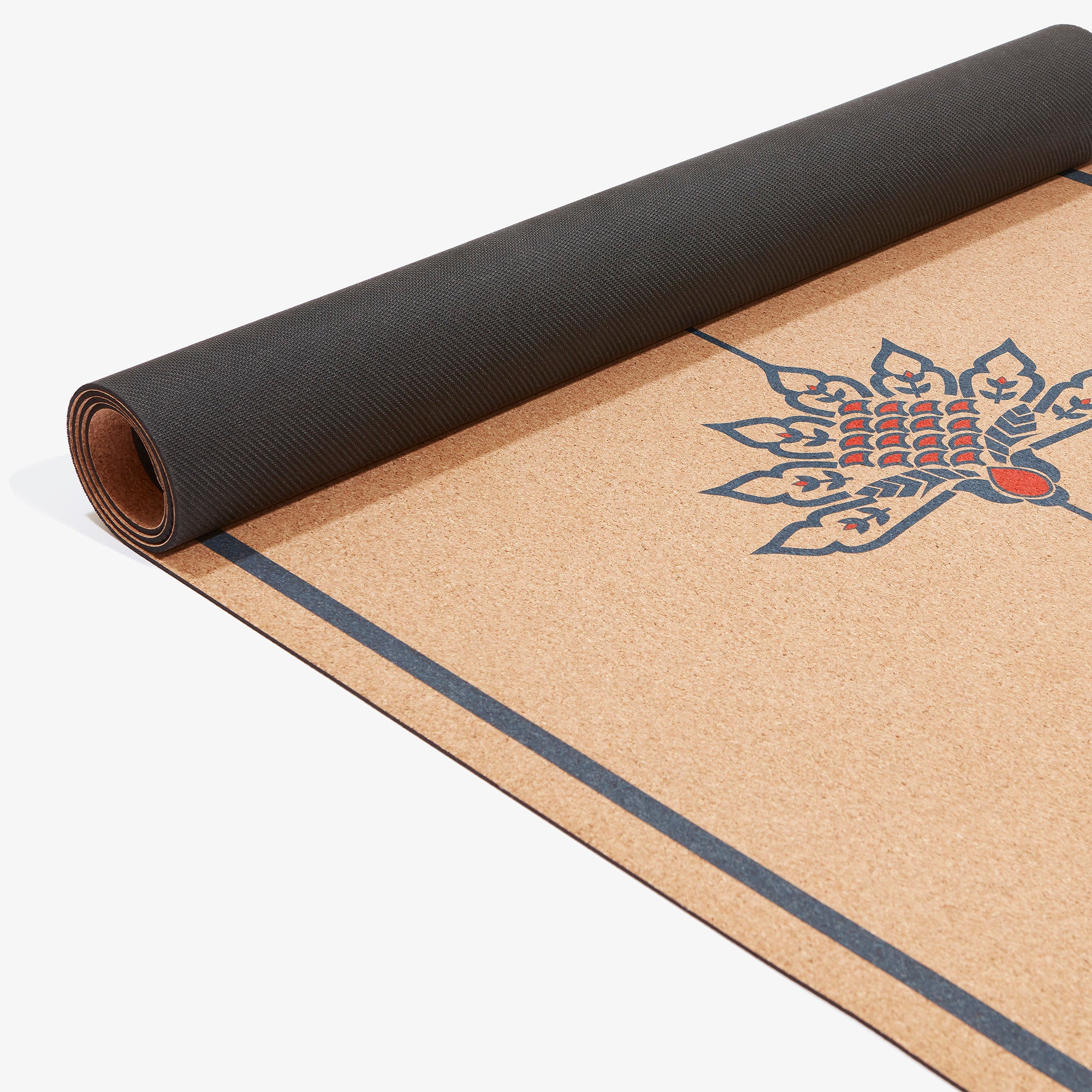 Blue Lotus cork yoga mat – natural 3mm design for alignment and travel-friendly yoga sessions.