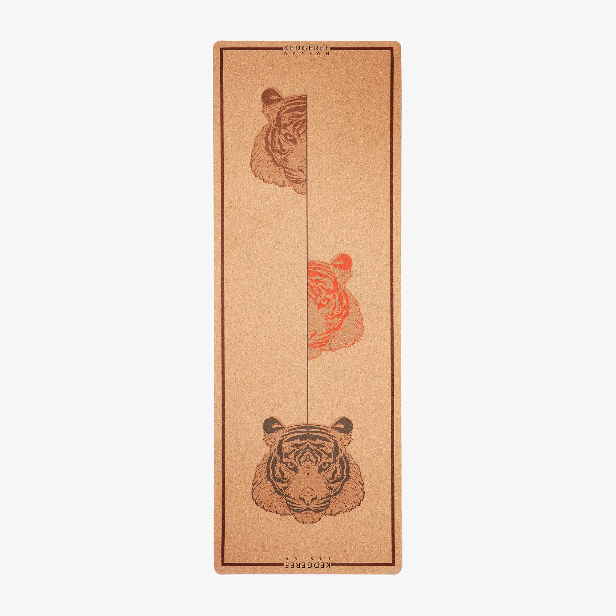 Powerful Tiger cork alignment yoga mat, 183×61 cm, 4 mm thick, with black carry strap.