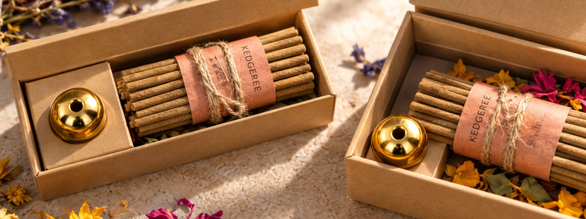 Kedgeree Design Handrolled incense sticks beautifully gift wrapped in a box with incense holder.