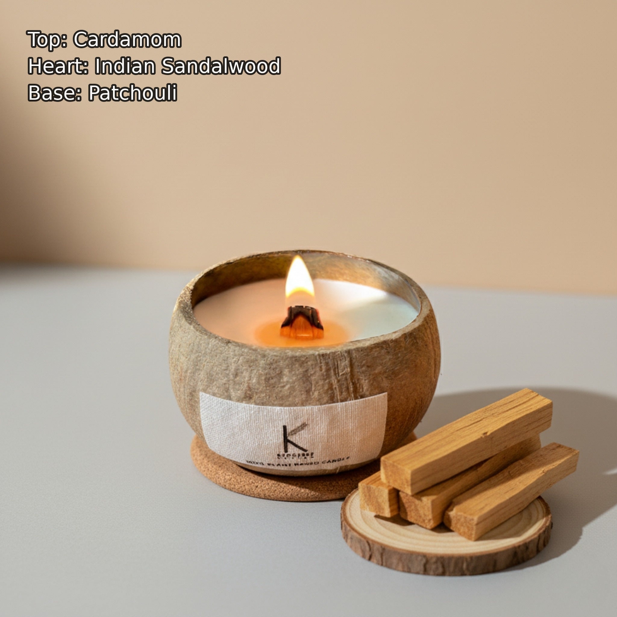 Soy wax Candle in a coconut shell with wooden sticks on a neutral background