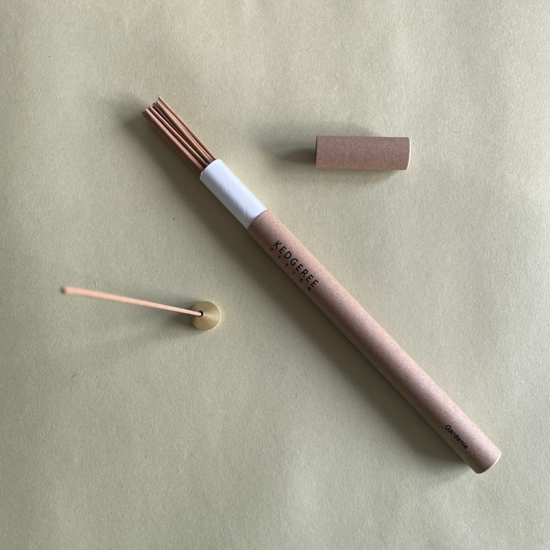 Gift-ready incense set—agarwood, rose and sandalwood with gold holder and ceramic tray.