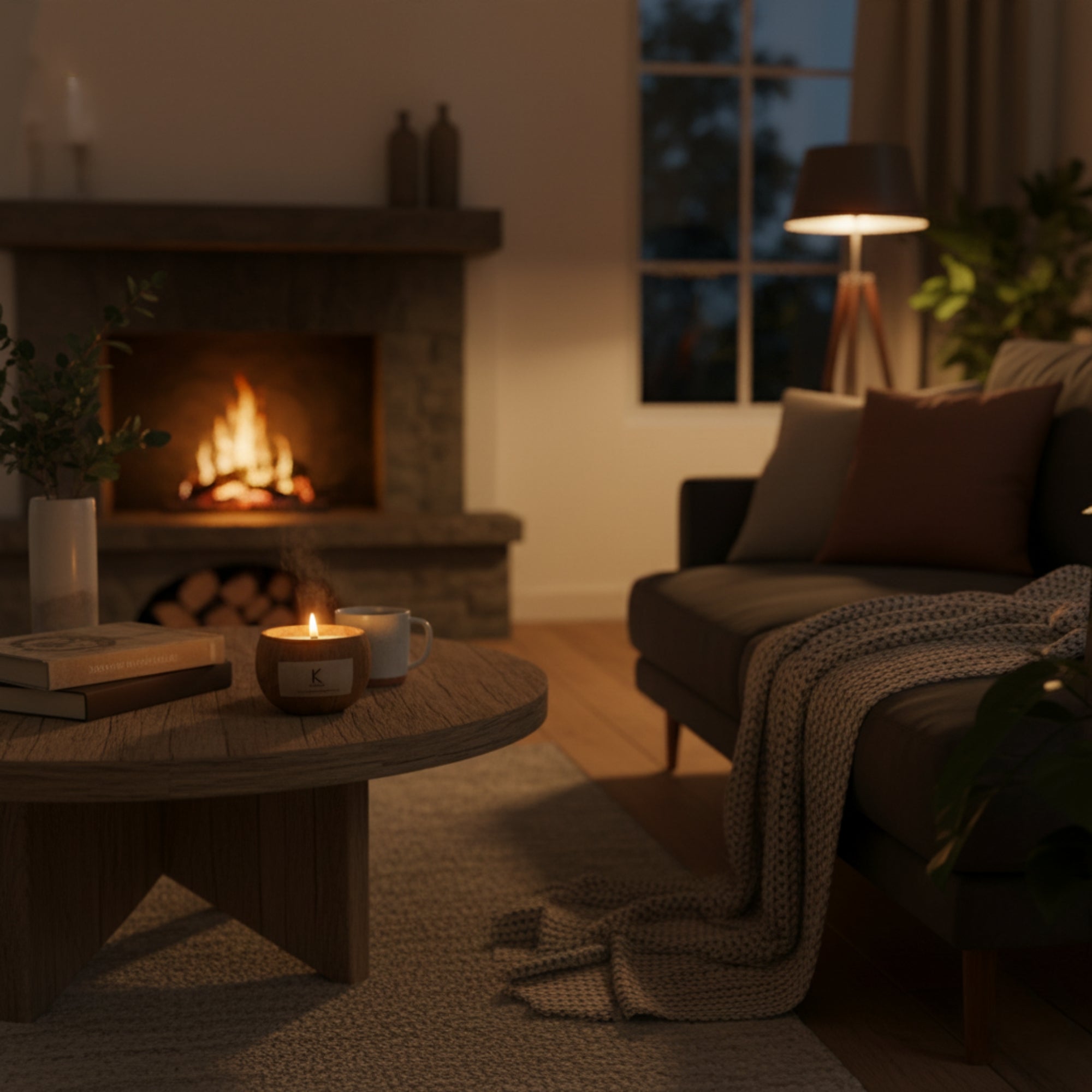 Cosy Evening coconut shell candle 8.45oz with cherry wood wick lit in a cozy living room with a fireplace, table, and couch in warm lighting.