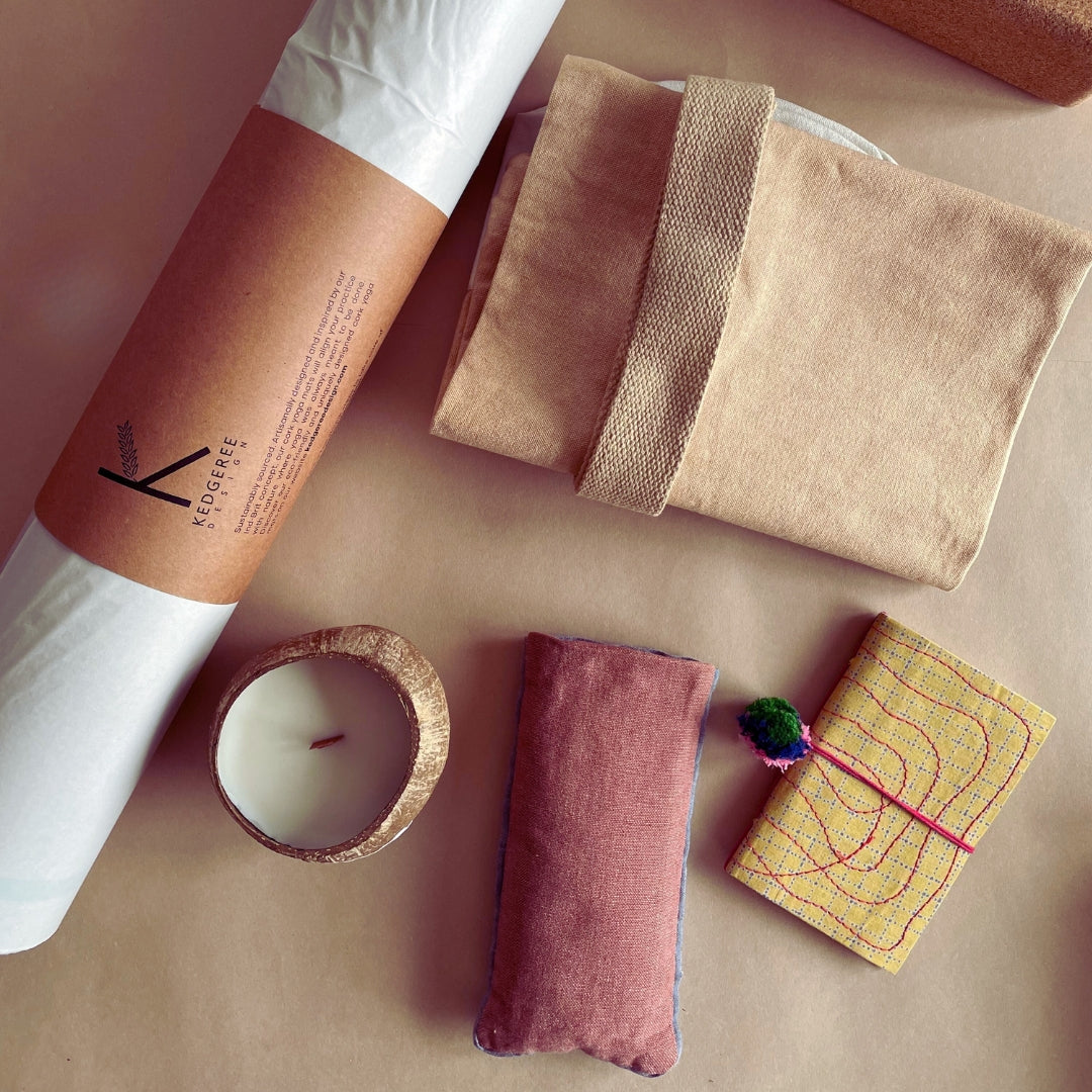 Travel Yogi Gift Set with 2mm cork yoga mat, canvas bag, journal, candle and eye pillow
