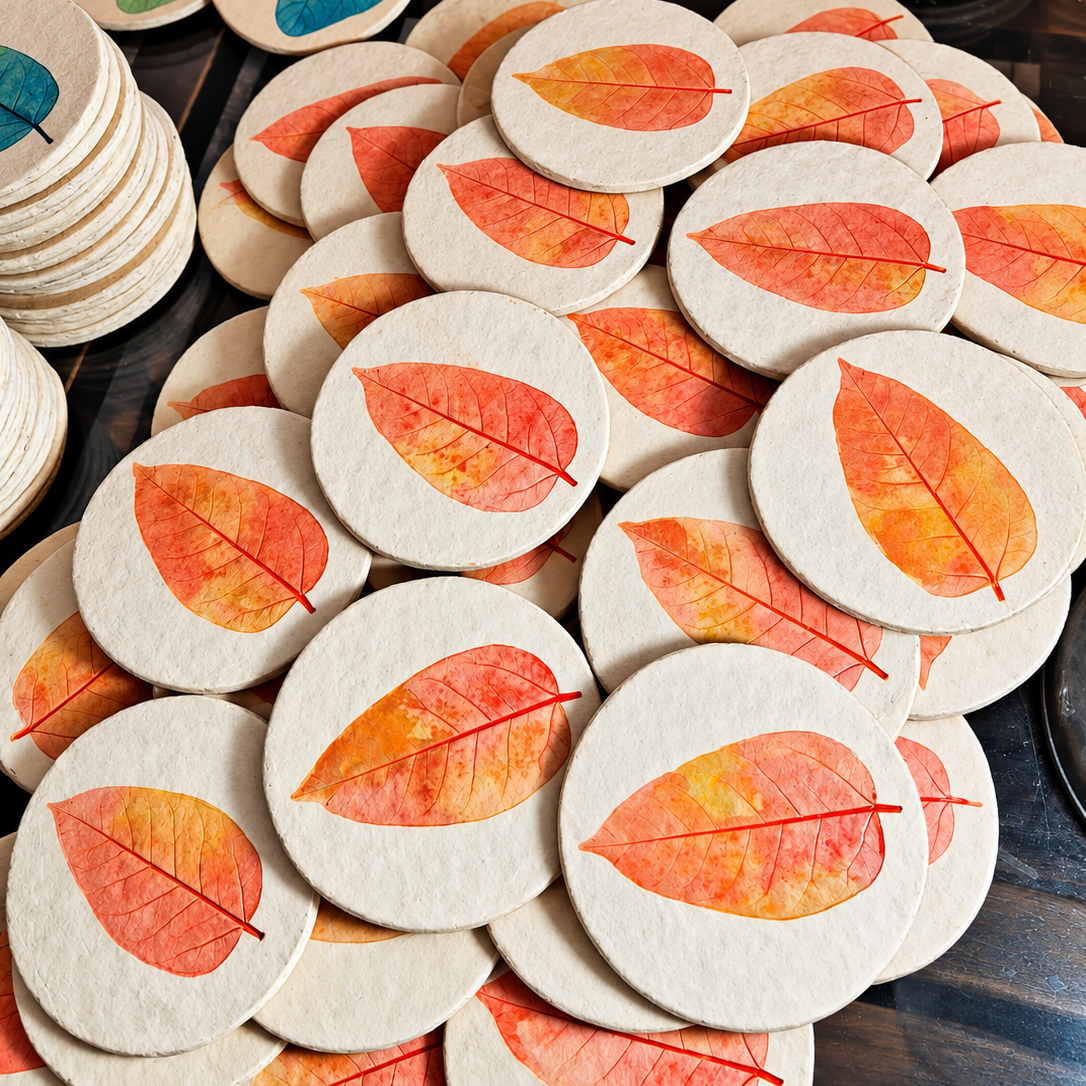 Round coasters with printed orange and yellow autumn leaf designs, stacked on a dark wooden table.