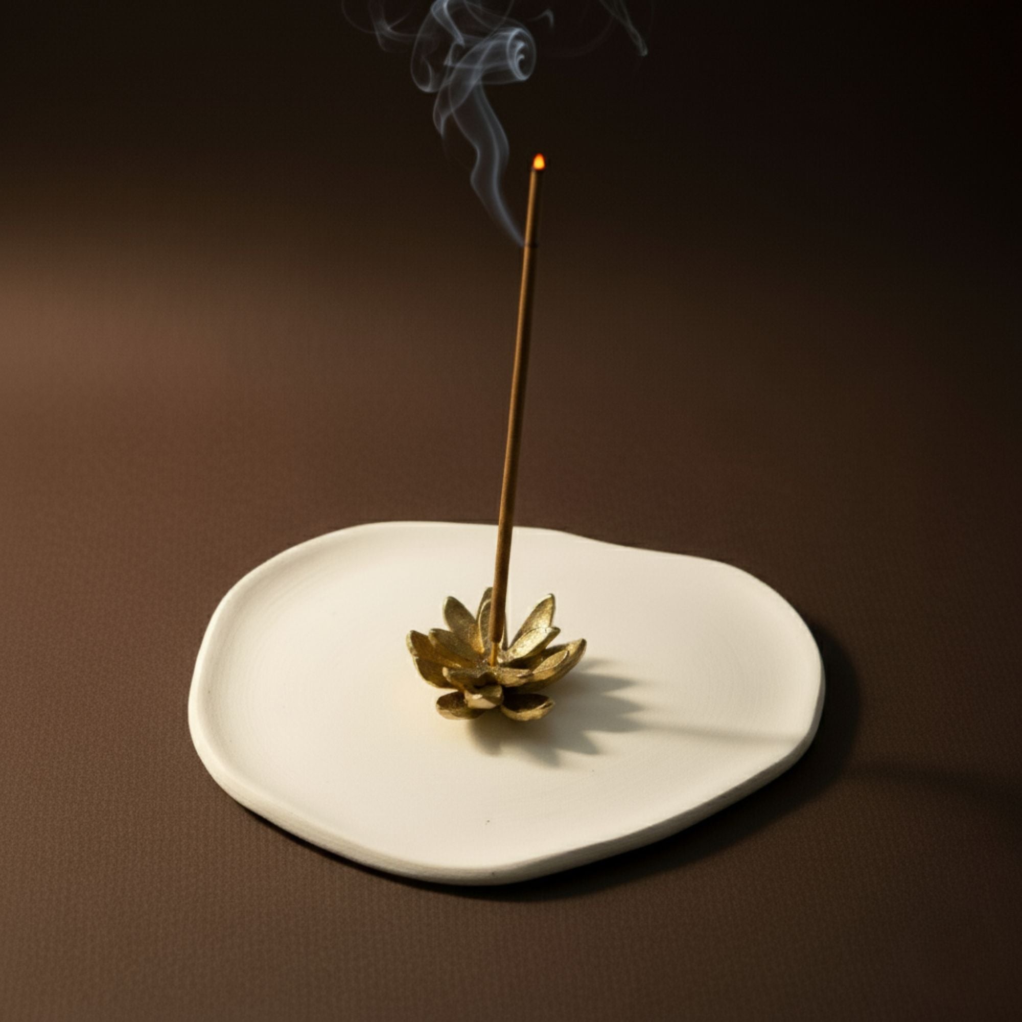 Brass lotus incense holder with white ceramic Mykonos ash-catcher tray (gift set).