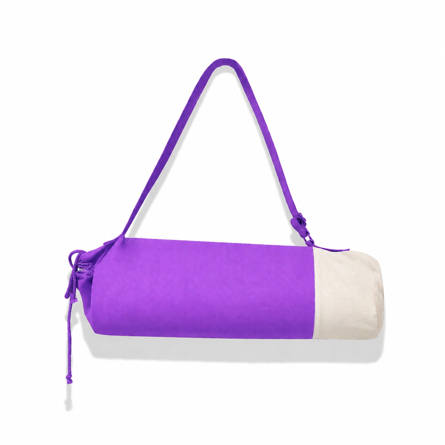 Purple yoga bag with adjustable strap on white bg