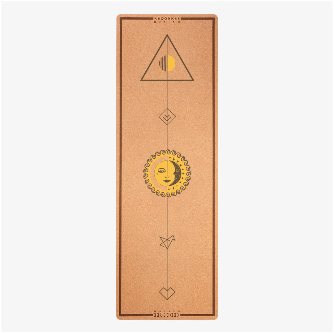 Ultra light 2mm cork yoga mat with sun and moon alignment design – lightweight, foldable, and perfect for travel yoga practice.